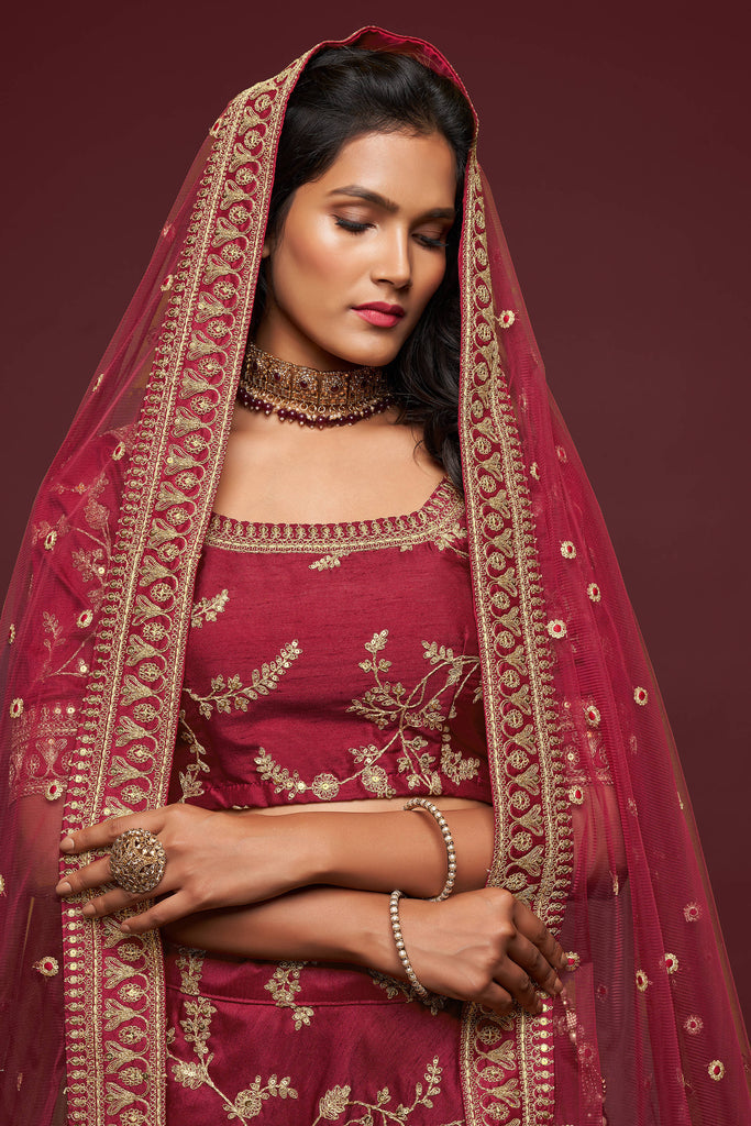 Maroon Thread Embroidered Silk Wedding Wear Lehenga Choli