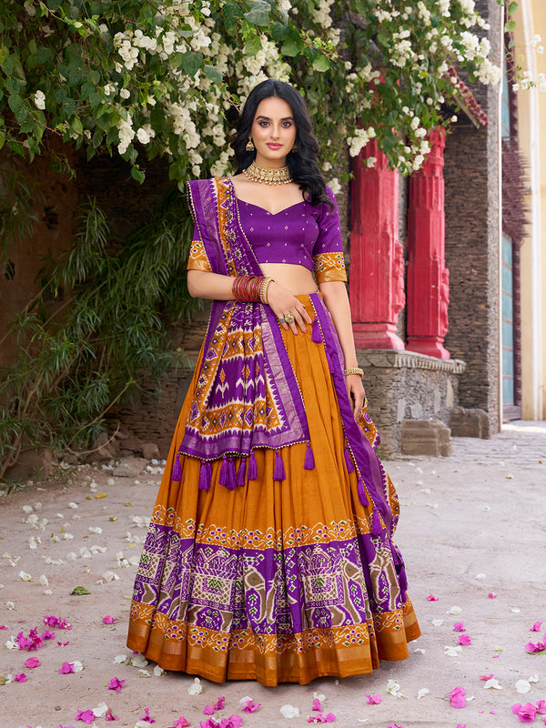 Mustard Color Patola Printed Tussar Silk Lehenga Choli - Image 4