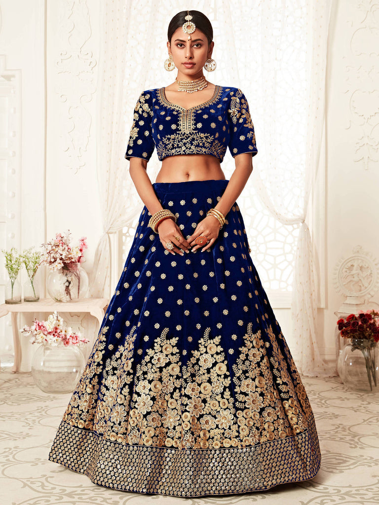 Navy Blue Floral Embroidery Velvet Bridal Lehenga 