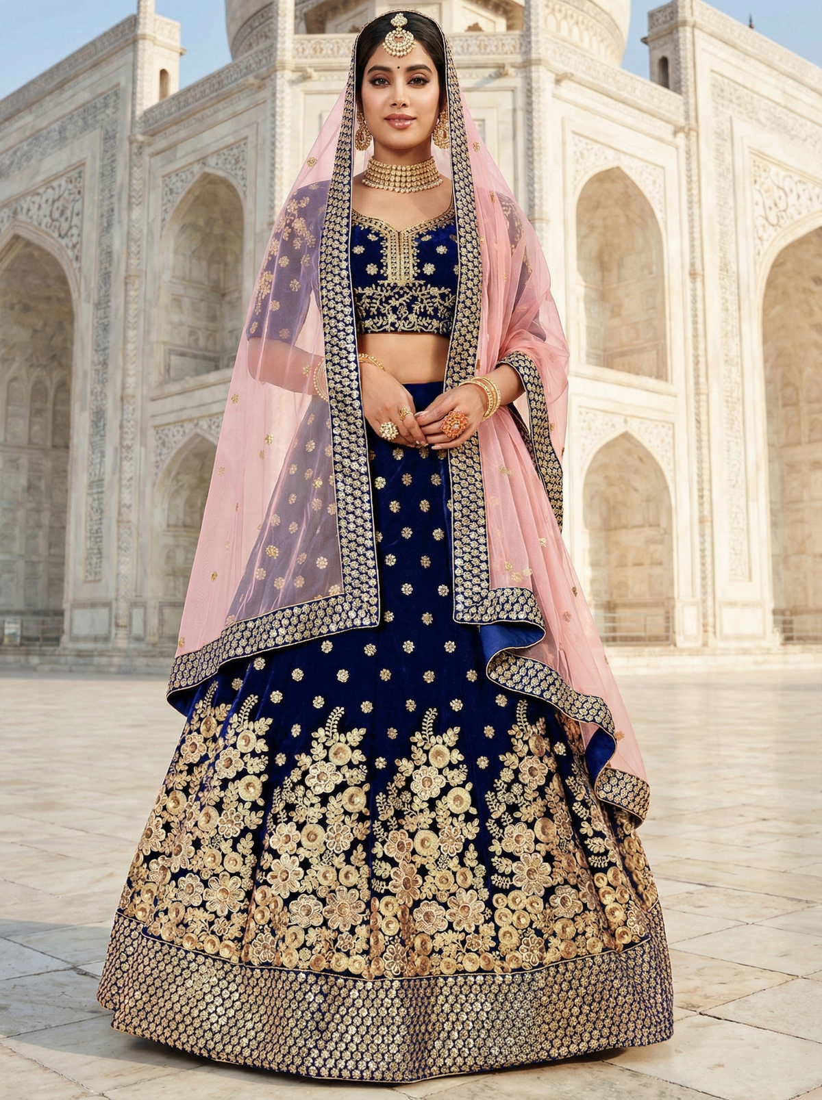 Navy Blue Floral Embroidery Velvet Bridal Lehenga