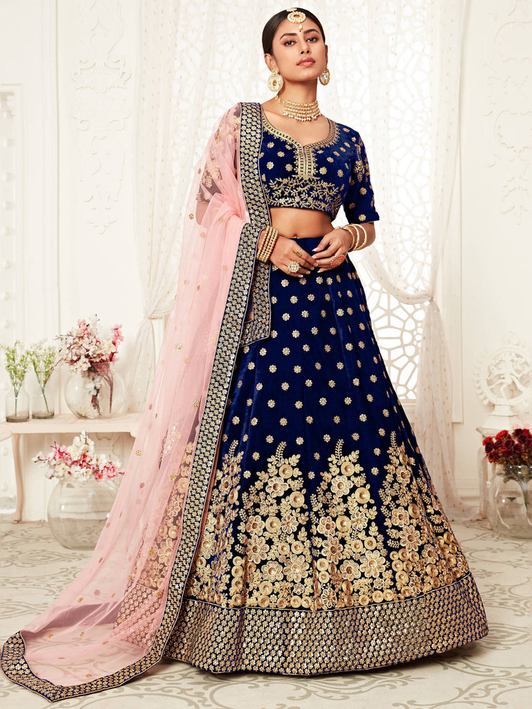 Navy Blue Floral Embroidery Velvet Bridal Lehenga 