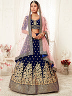 Navy Blue Floral Embroidery Velvet Bridal Lehenga 
