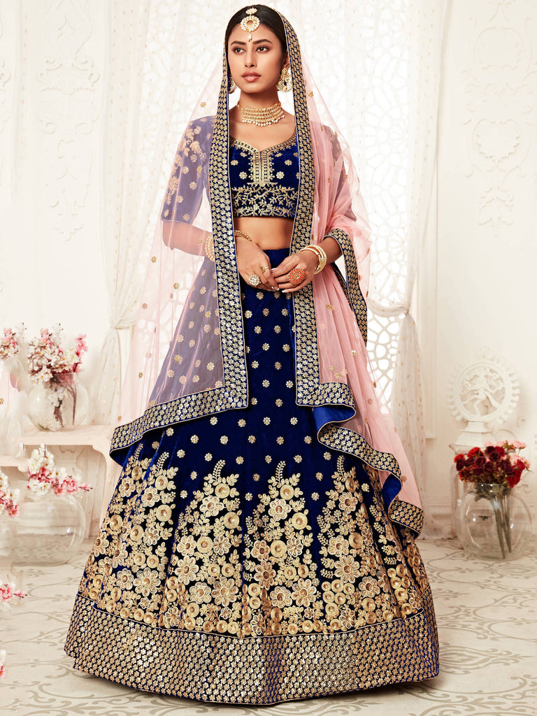 Navy Blue Floral Embroidery Velvet Bridal Lehenga 