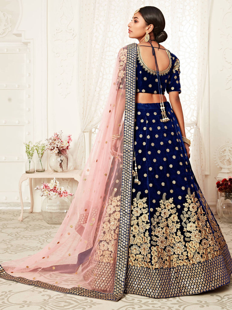 Navy Blue Floral Embroidery Velvet Bridal Lehenga 