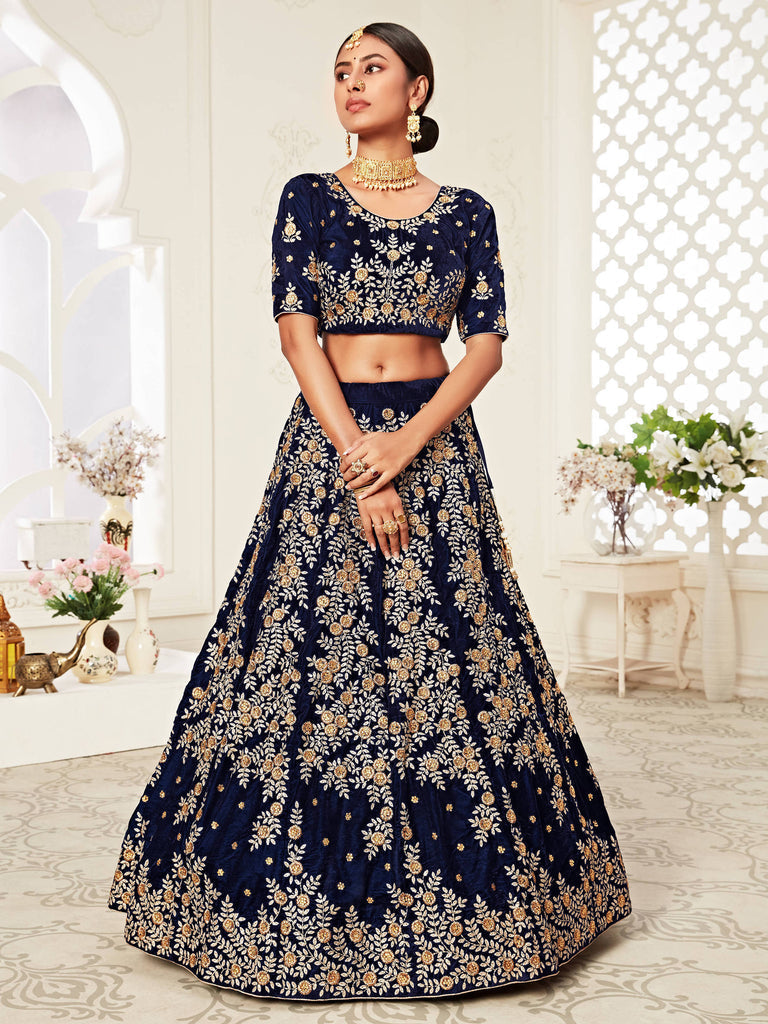 Navy Blue Heavily Embroidery Velvet Wedding Lehenga Choli 