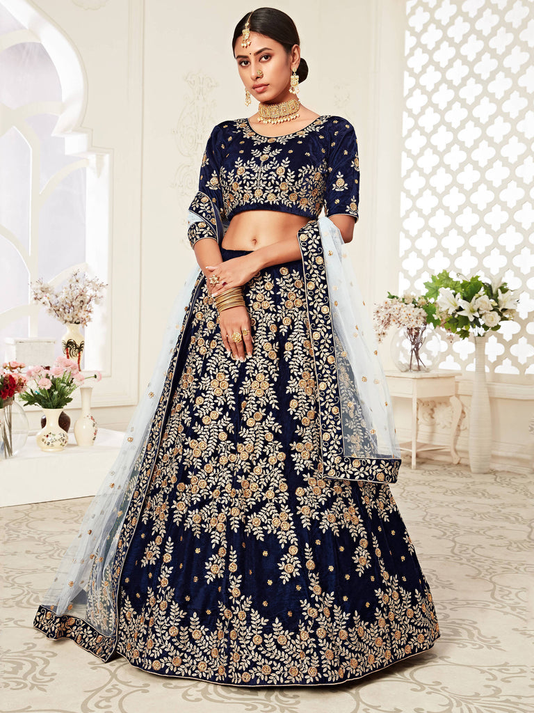 Navy Blue Heavily Embroidery Velvet Wedding Lehenga Choli 