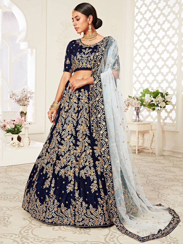 Navy Blue Heavily Embroidery Velvet Wedding Lehenga Choli 