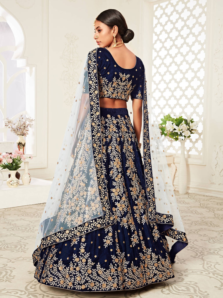 Navy Blue Heavily Embroidery Velvet Wedding Lehenga Choli 