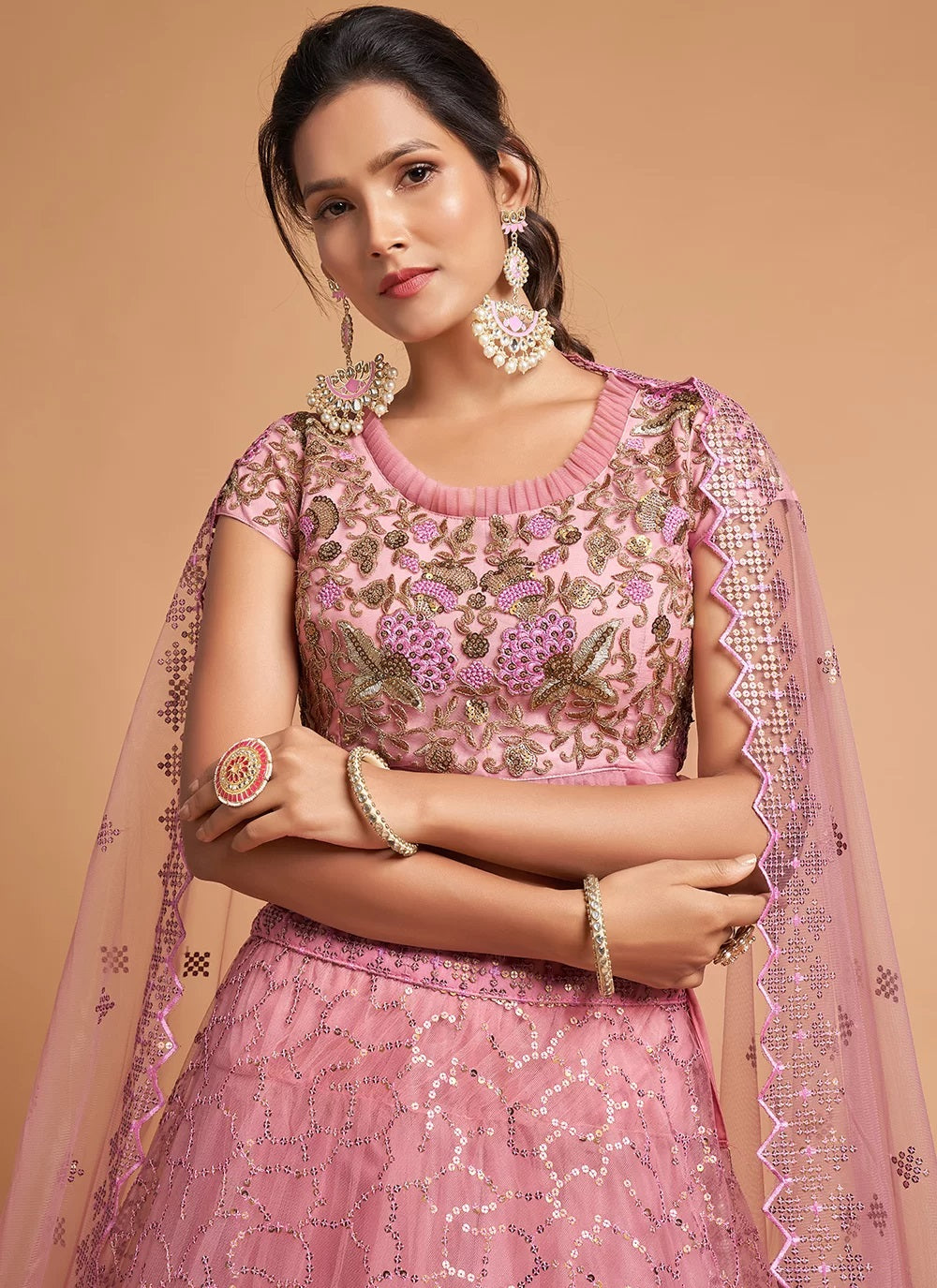 Net Dori Work Designer A Line Lehenga Choli In Pink