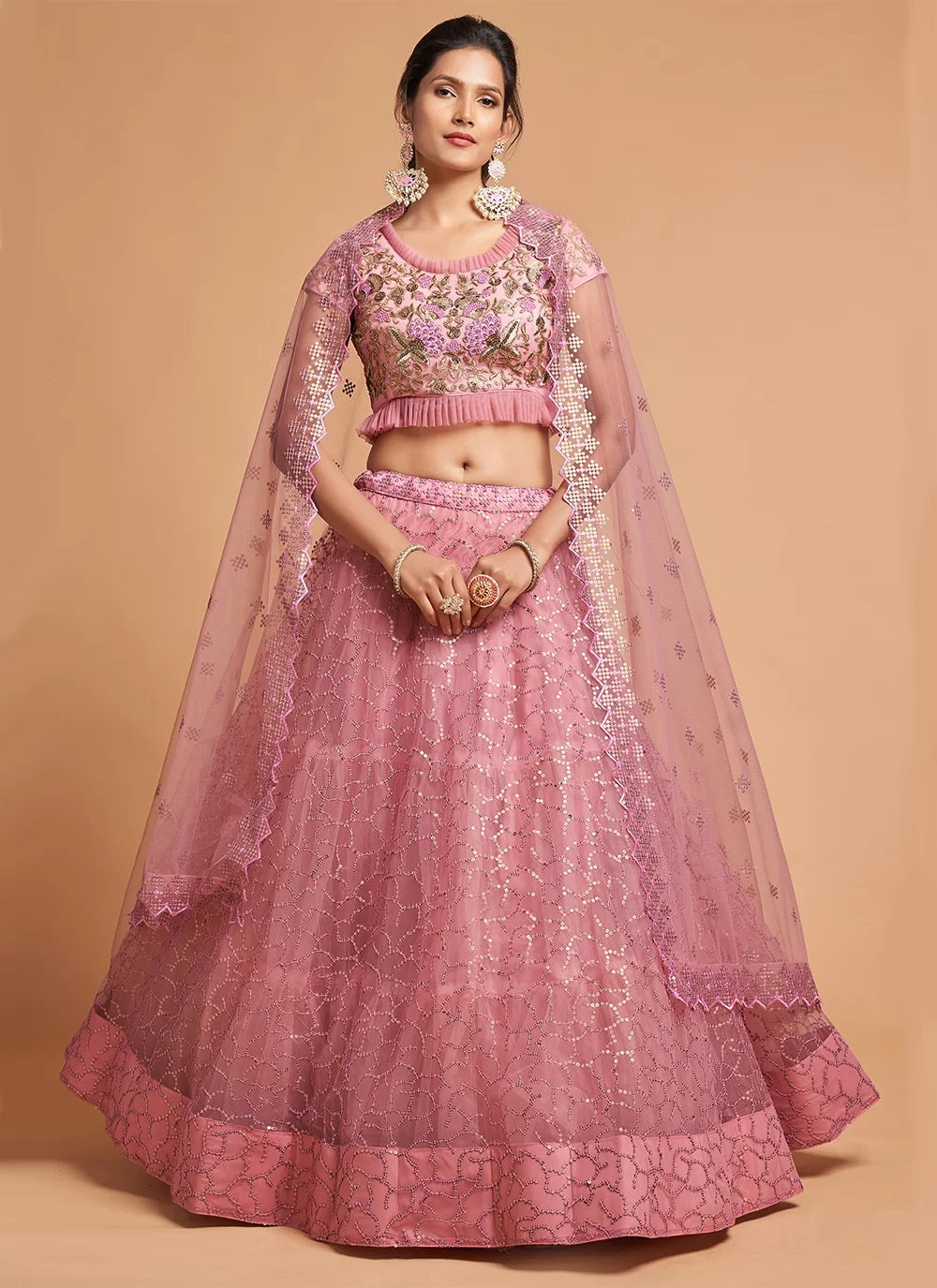 Net Dori Work Designer A Line Lehenga Choli In Pink