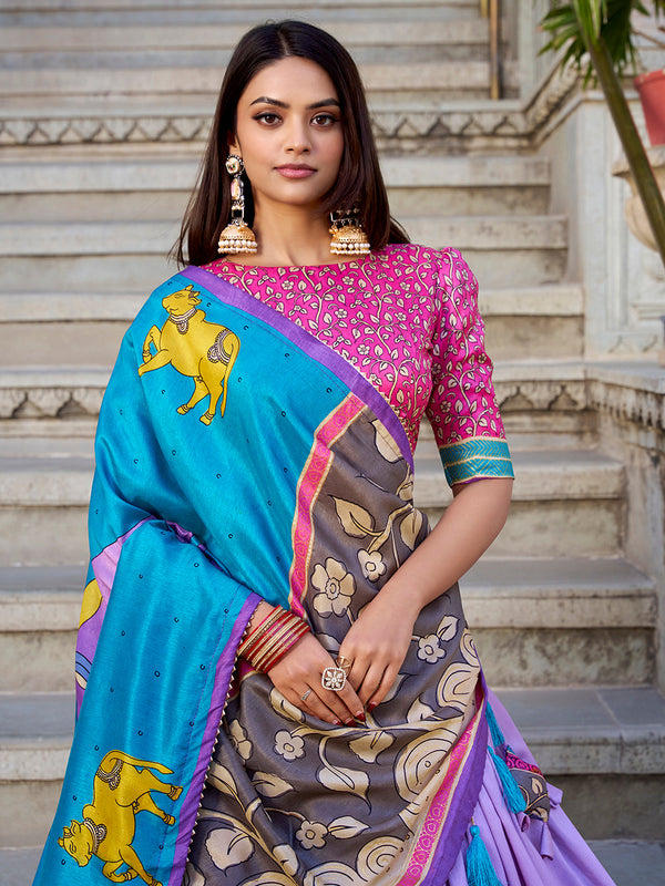 Lavender Color Kalamkari With Foil Work Tussar Silk Lehenga Choli - Image 4