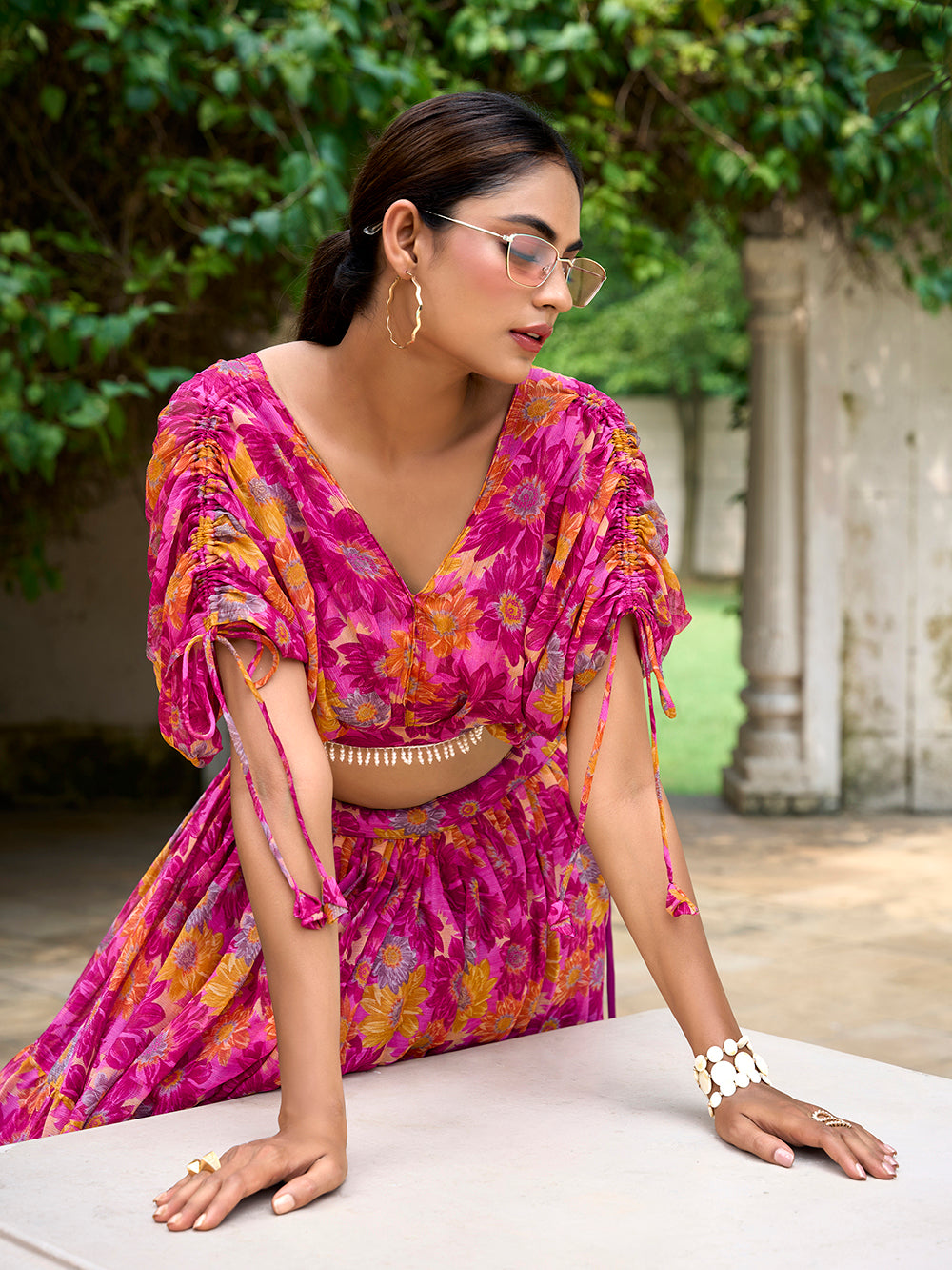 Pink Color Floral Print Chiffon Co-ord Set Chaniya Choli