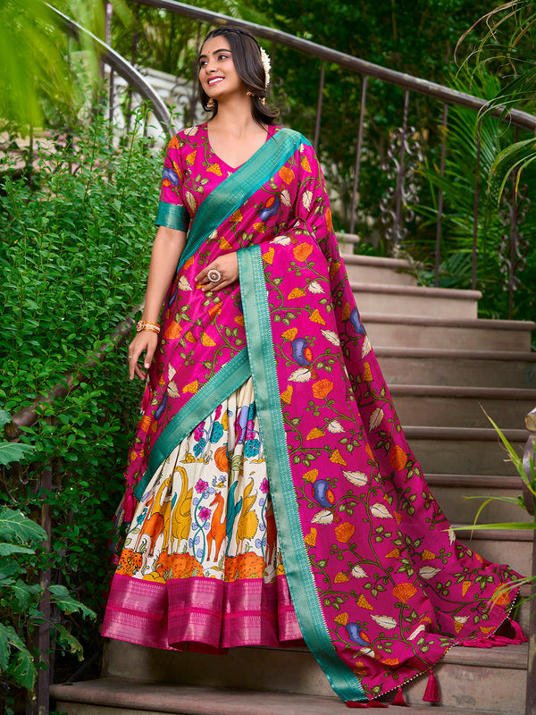White Color Kalamkari Print With Zari Weaving Dola Silk Lehenga Choli - Image 1