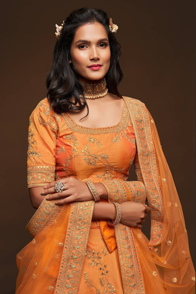 Orange Embroidered Silk Wedding Wear Indian Lehenga Choli
