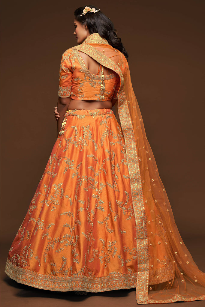Orange Embroidered Silk Wedding Wear Indian Lehenga Choli