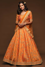Orange Embroidered Silk Wedding Wear Indian Lehenga Choli
