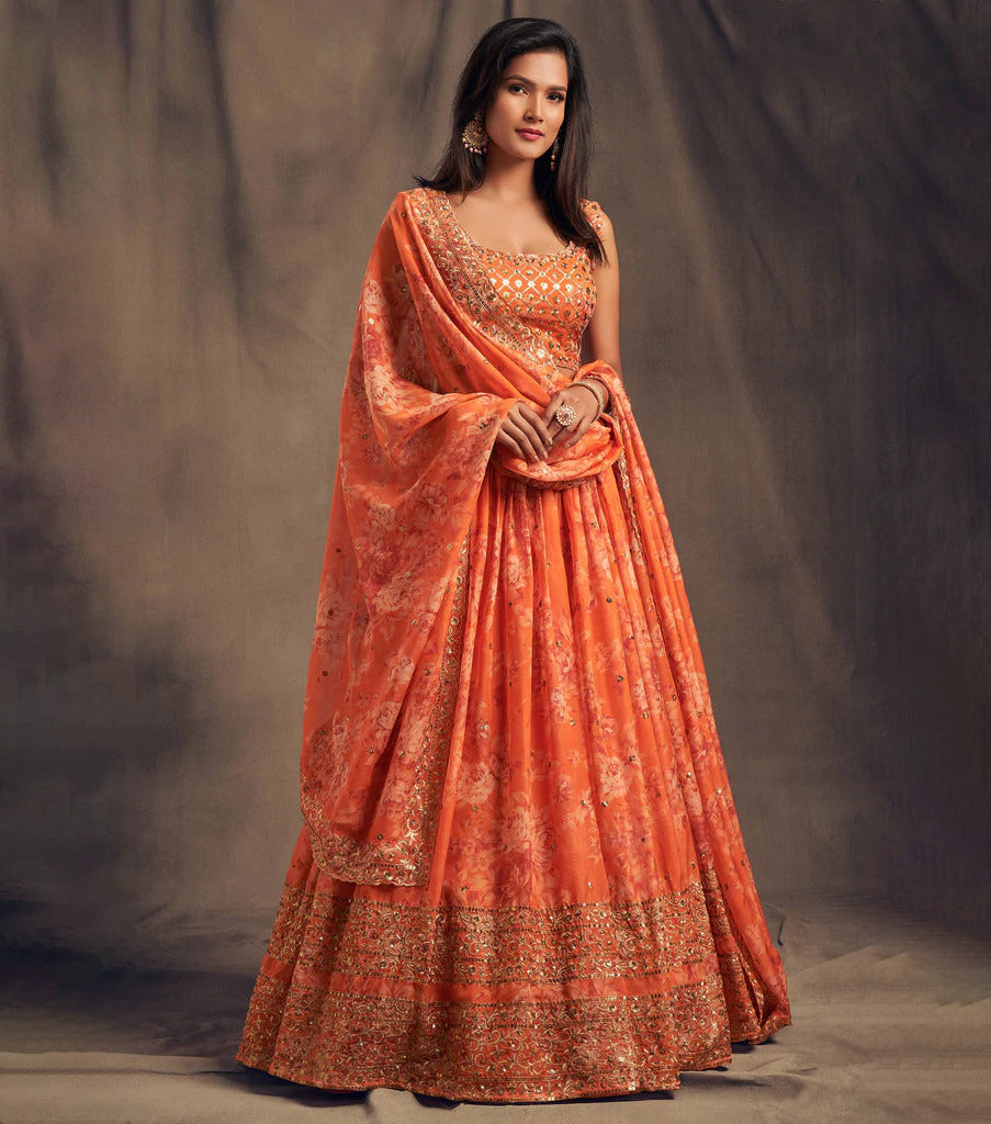 Orange Zari Embroidery Organza Occasional Wear Semi Stitched Lehenga