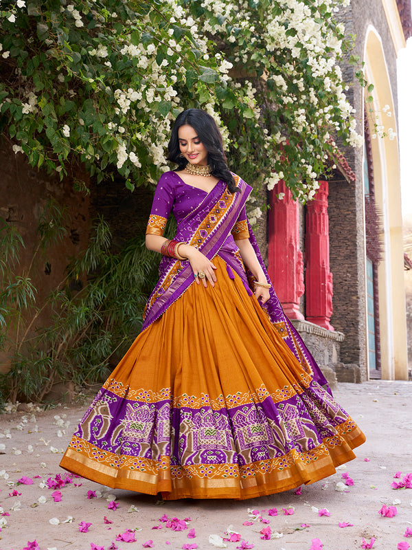Mustard Color Patola Printed Tussar Silk Lehenga Choli - Image 1