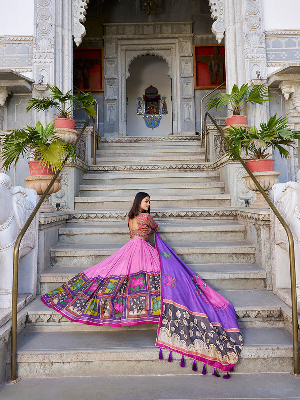 Peach Color Kalamkari With Foil Work Tussar Silk Lehenga Choli - Image 3