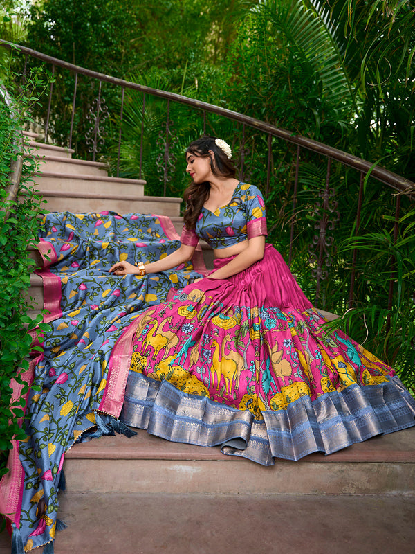 Pink Color Kalamkari Print With Zari Weaving Dola Silk South Indian Lehenga Choli - Image 3