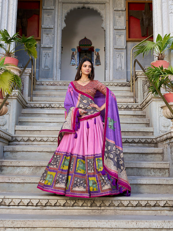 Peach Color Kalamkari With Foil Work Tussar Silk Lehenga Choli - Image 1