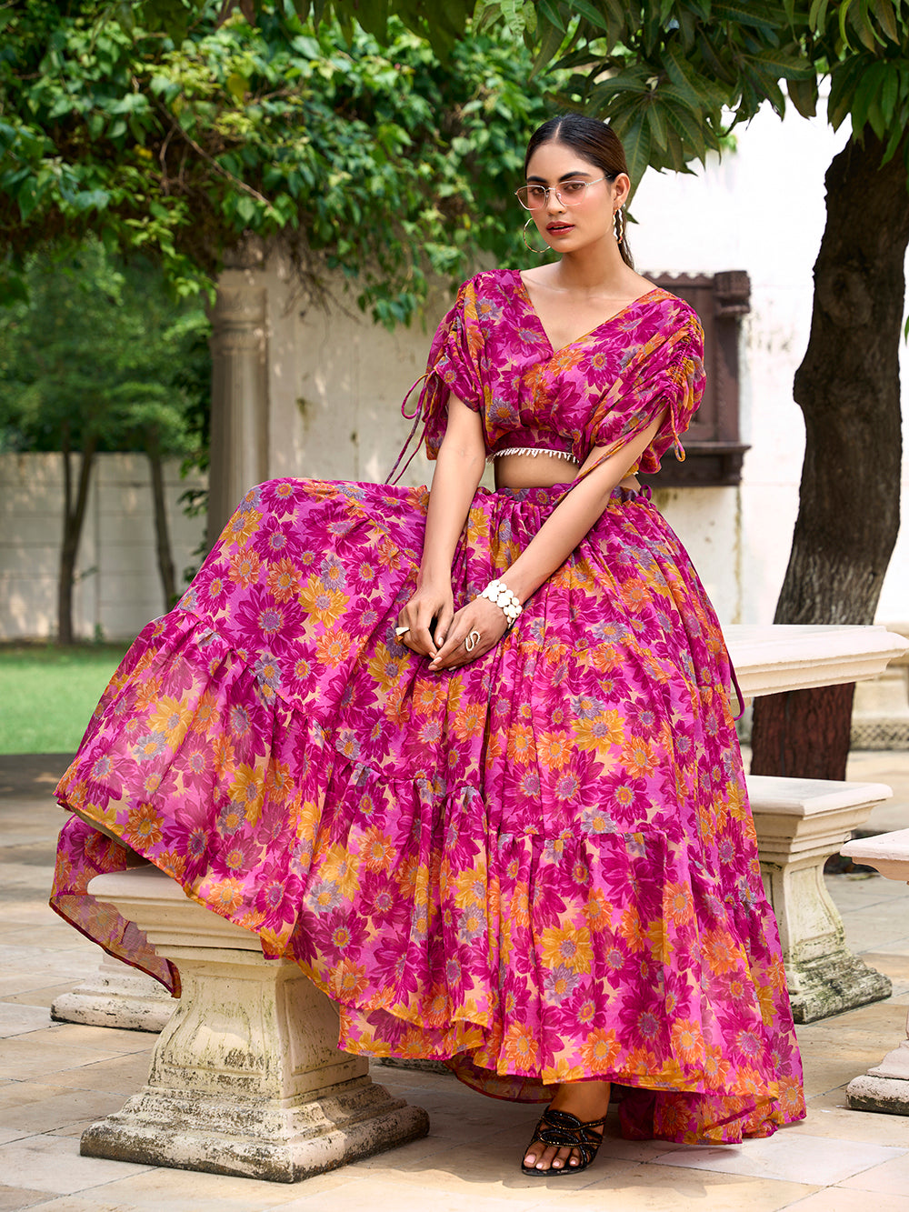 Pink Color Floral Print Chiffon Co-ord Set Chaniya Choli