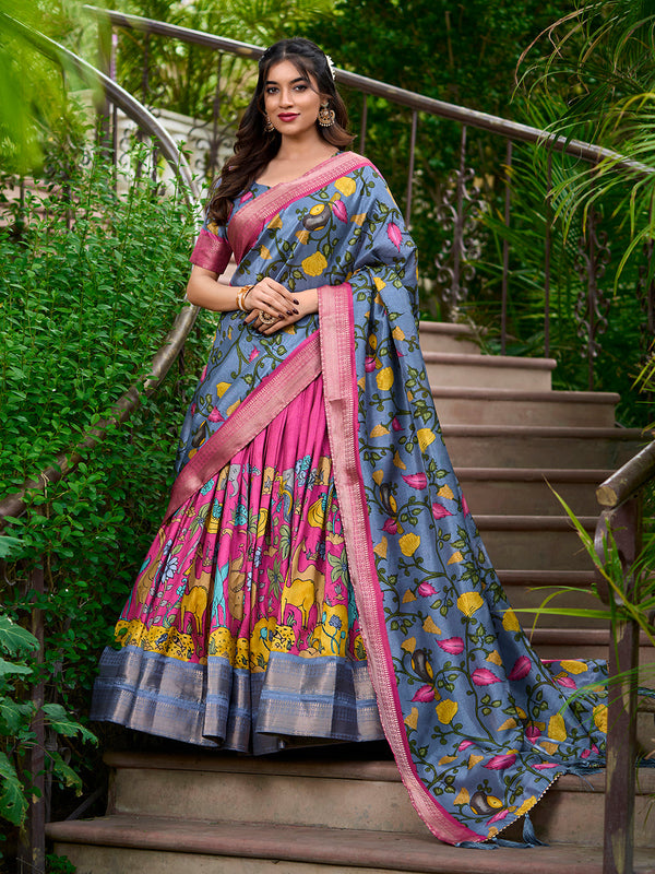 Pink Color Kalamkari Print With Zari Weaving Dola Silk South Indian Lehenga Choli - Image 1