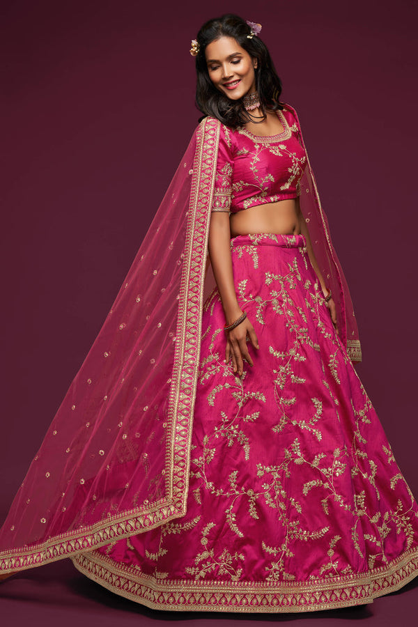 Pink Embroidered Silk Wedding Wear Indian Lehenga - Image 4