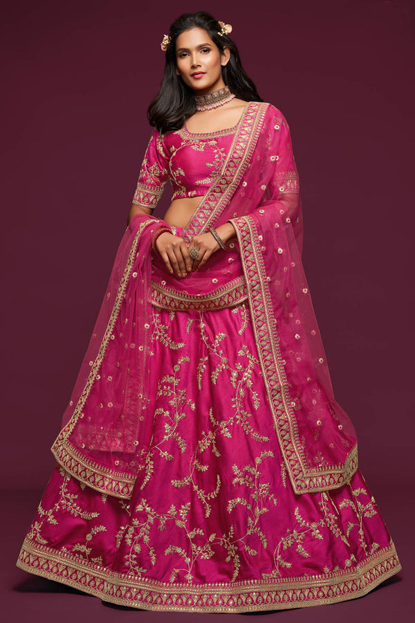 Pink Embroidered Silk Wedding Wear Indian Lehenga - Image 3
