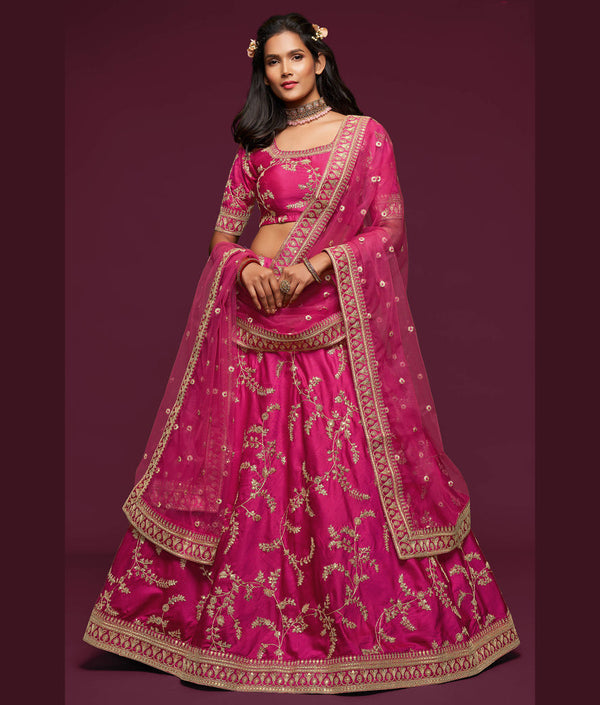 Pink Embroidered Silk Wedding Wear Indian Lehenga - Image 2