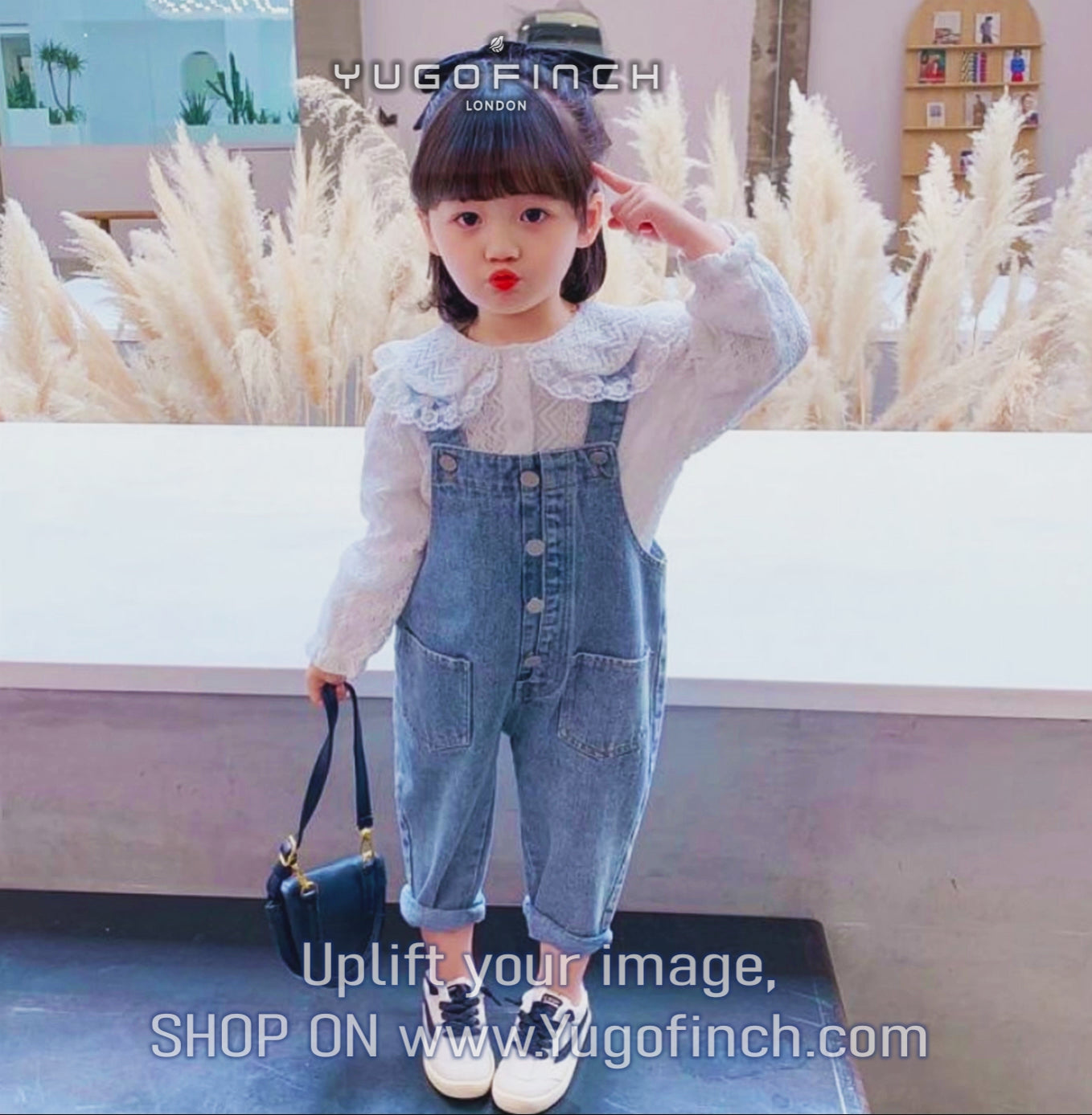 Girls Denim Overalls And Lace Shirt Two-piece Suit