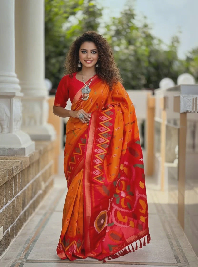 Stunning Bright Ikat Style Silk Saree