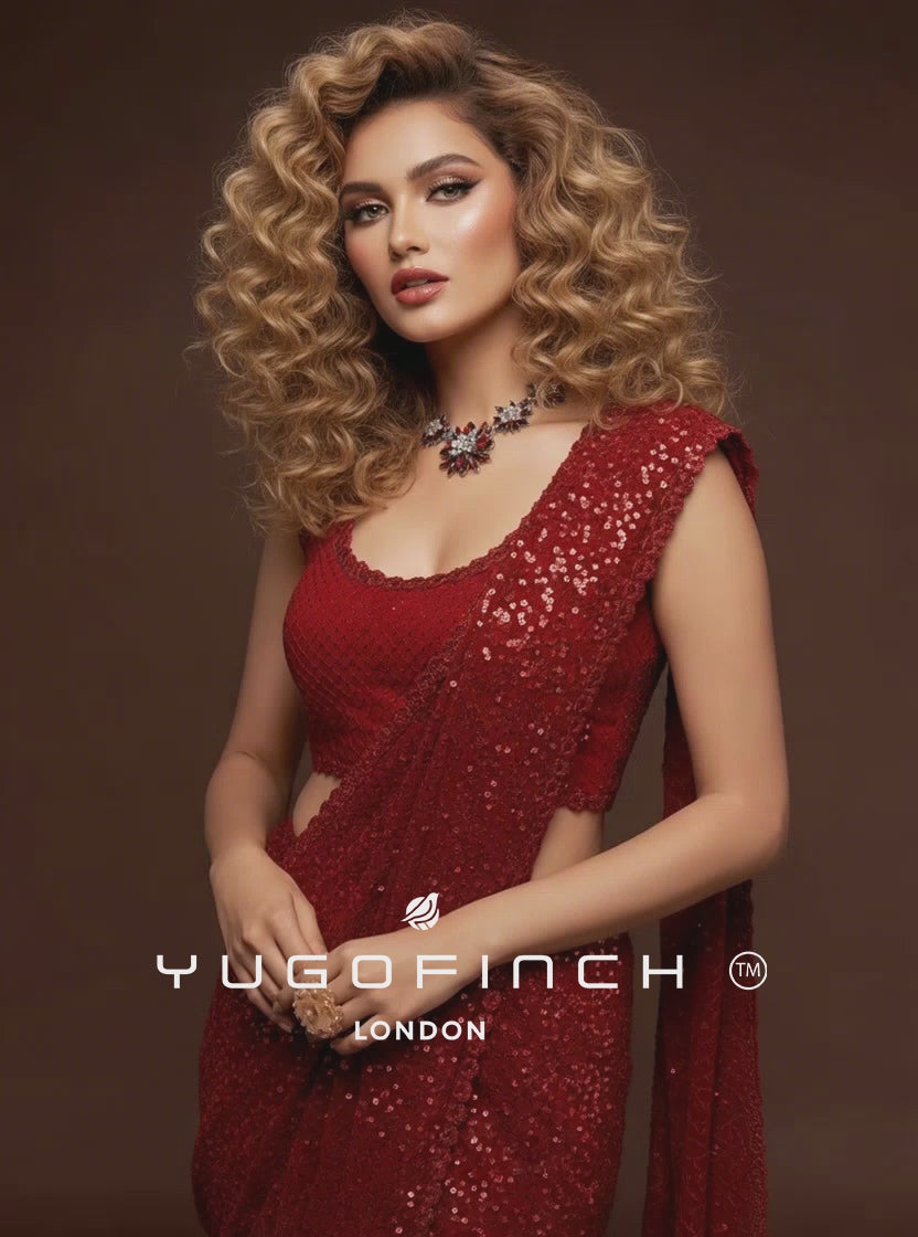 Women's Red Sequin Saree & Blouse Set