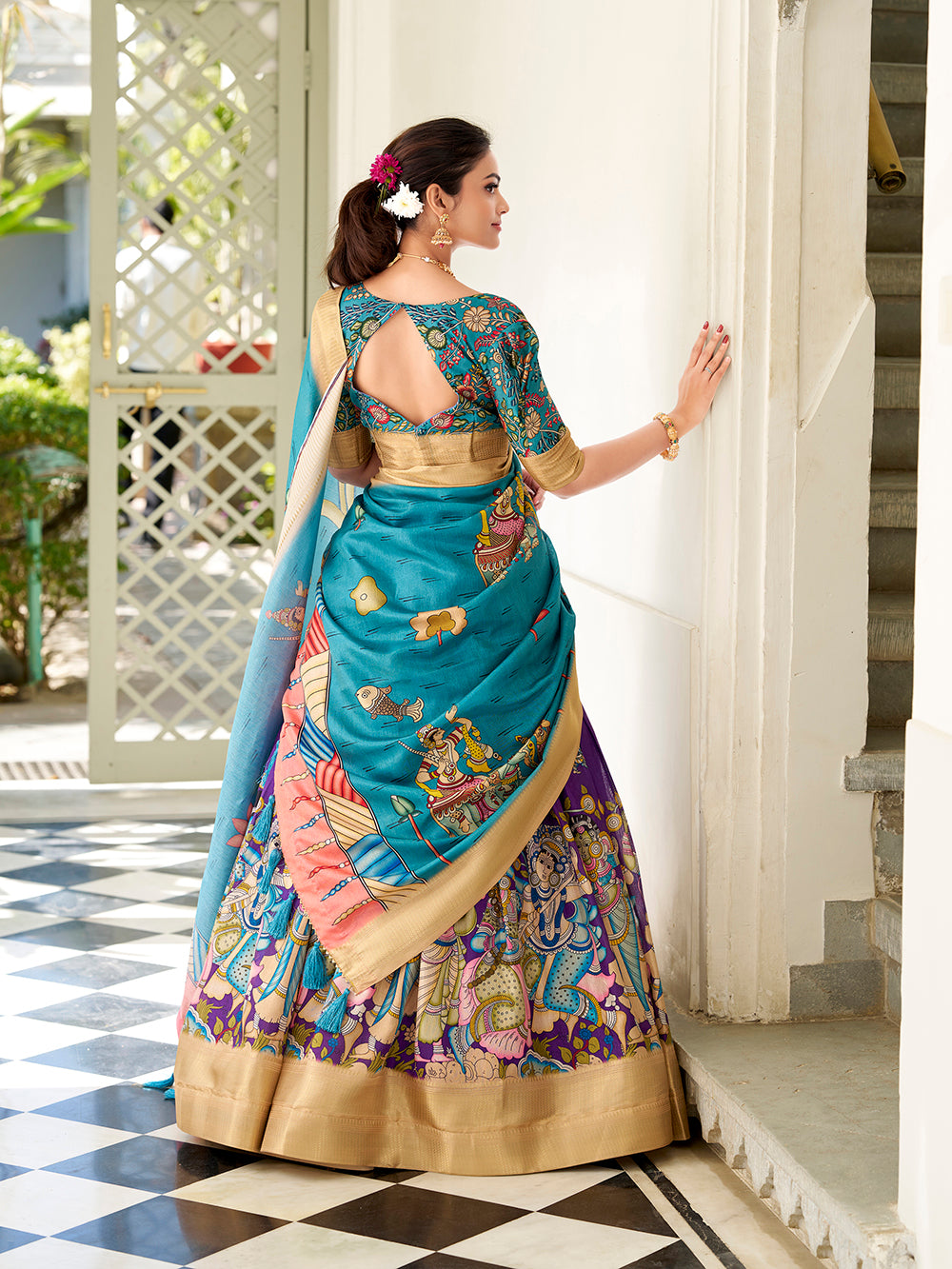 Purple Color Kalamkari Print With Weaving Border Dola Silk Lehenga Choli