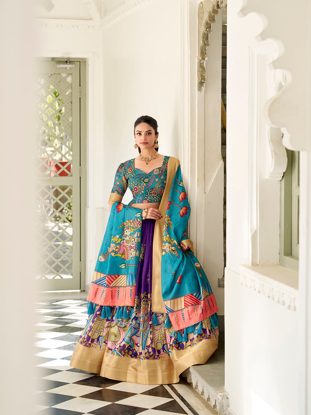 Purple Color Kalamkari Print With Weaving Border Dola Silk Lehenga Choli
