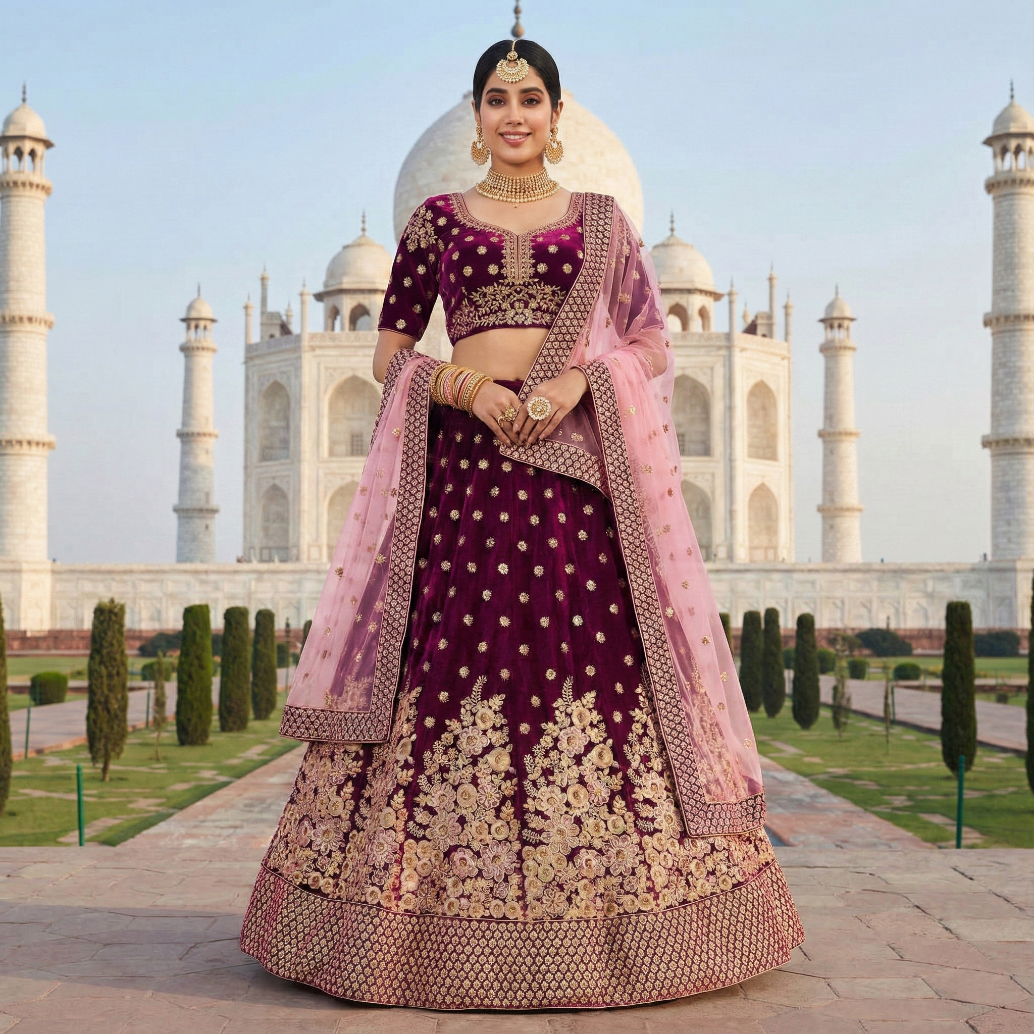 Purple Floral Embroidery Velvet Lehenga Choli