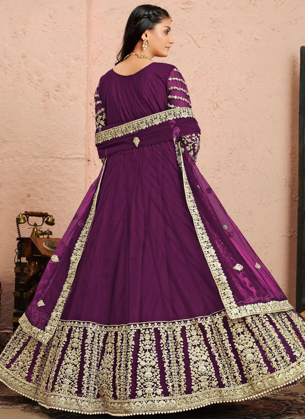 Purple Net Wedding Floor Length Anarkali Suit