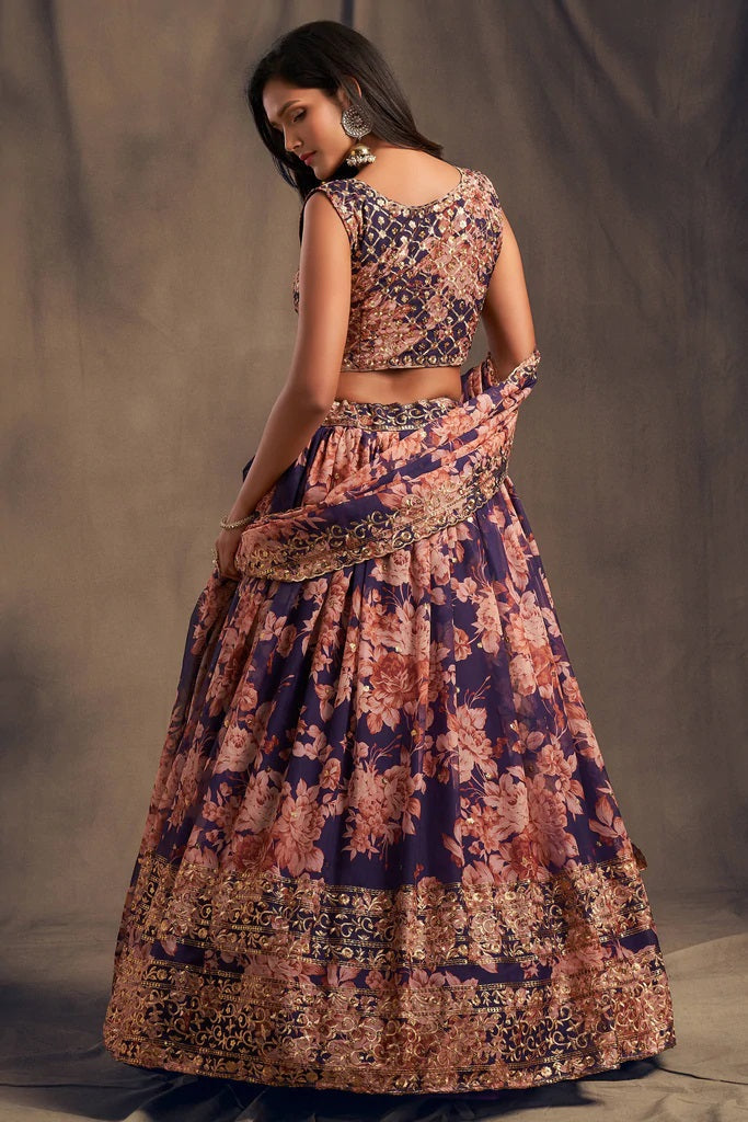 Purple Zari Embroidery Organza Occasional Wear Semi Stitched Lehenga Choli