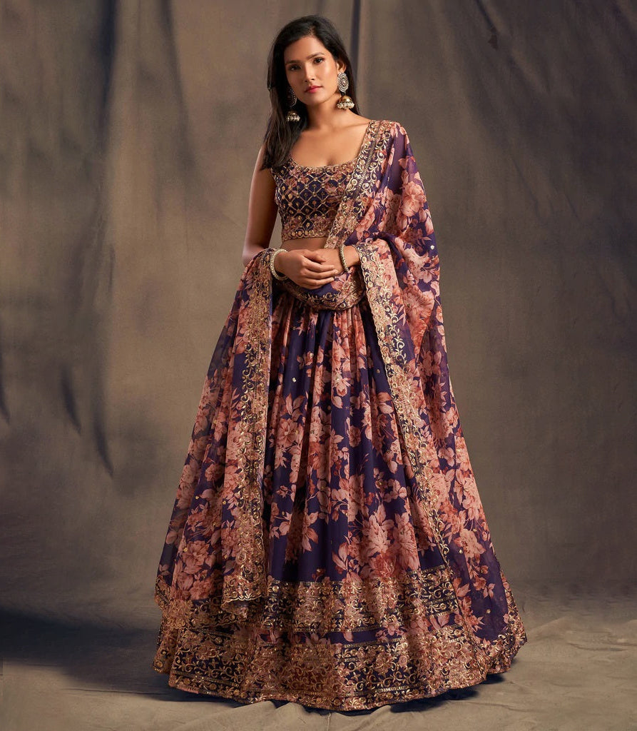 Purple Zari Embroidery Organza Occasional Wear Semi Stitched Lehenga Choli