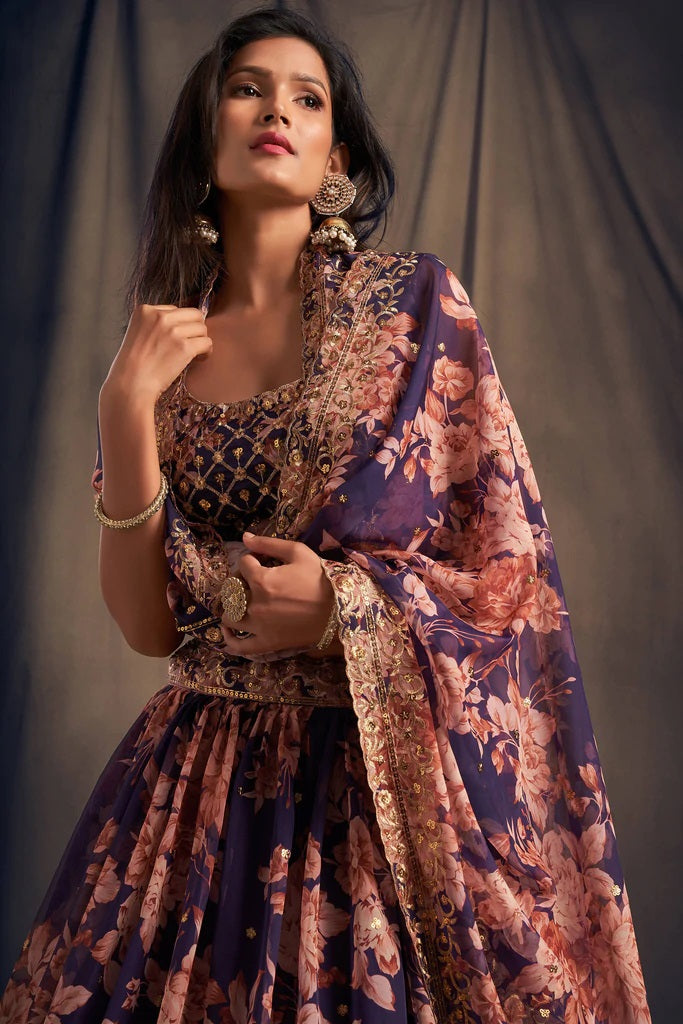 Purple Zari Embroidery Organza Occasional Wear Semi Stitched Lehenga Choli
