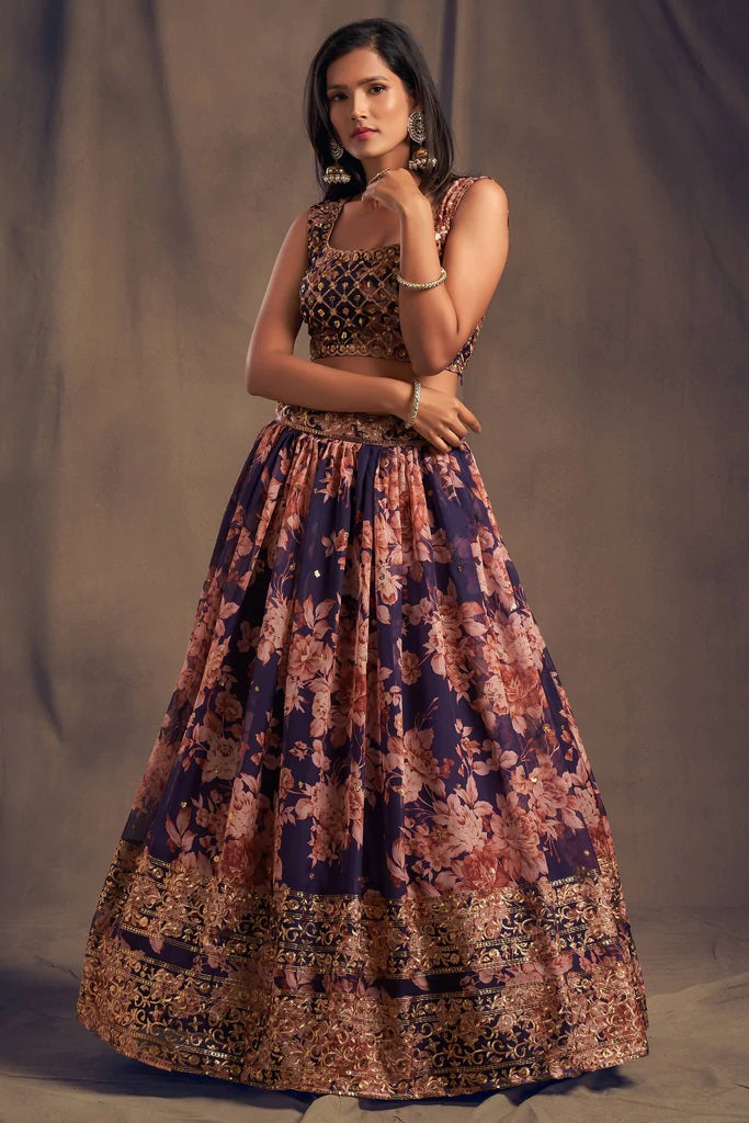 Purple Zari Embroidery Organza Occasional Wear Semi Stitched Lehenga Choli
