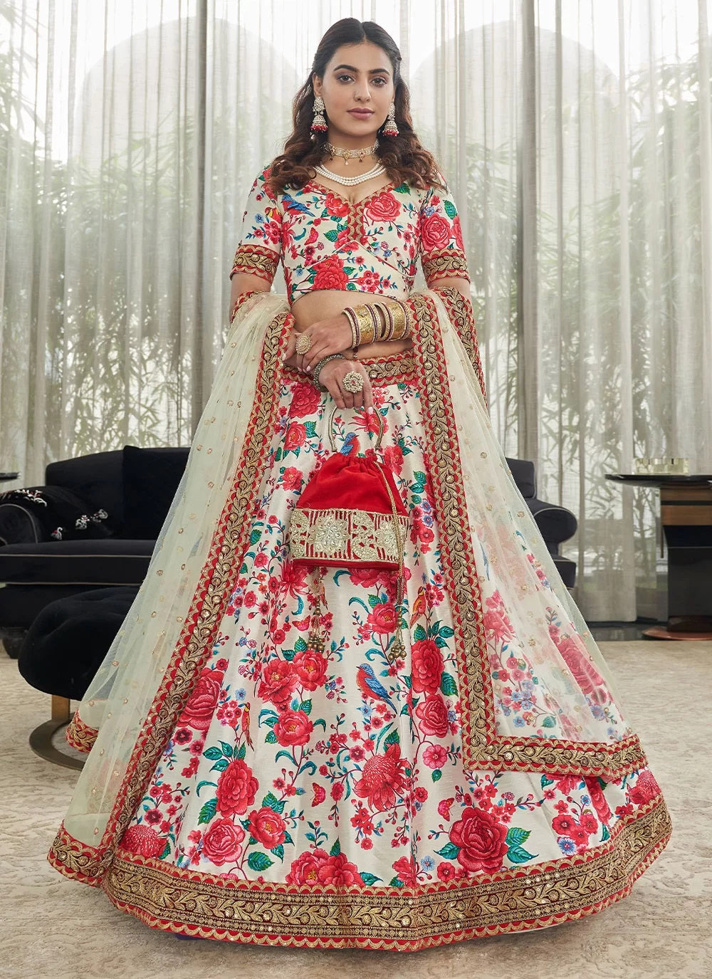 Red And White Art Silk Indian Engagement Lehenga
