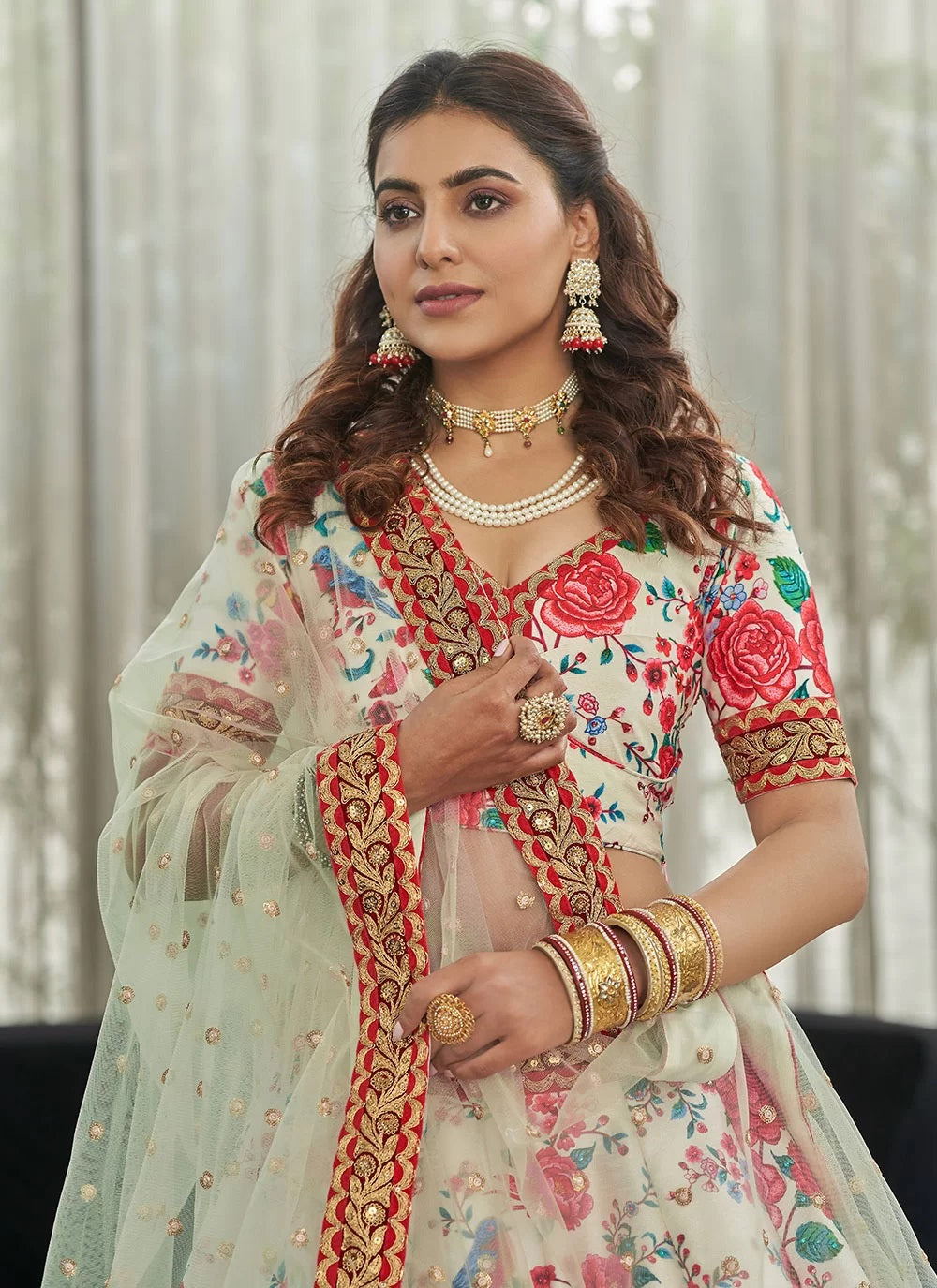 Red And White Art Silk Indian Engagement Lehenga