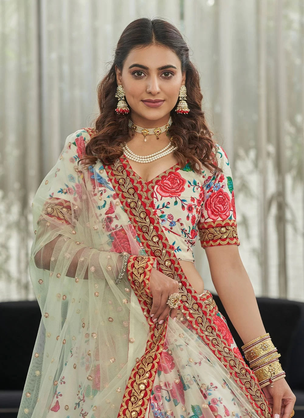 Red And White Art Silk Indian Engagement Lehenga