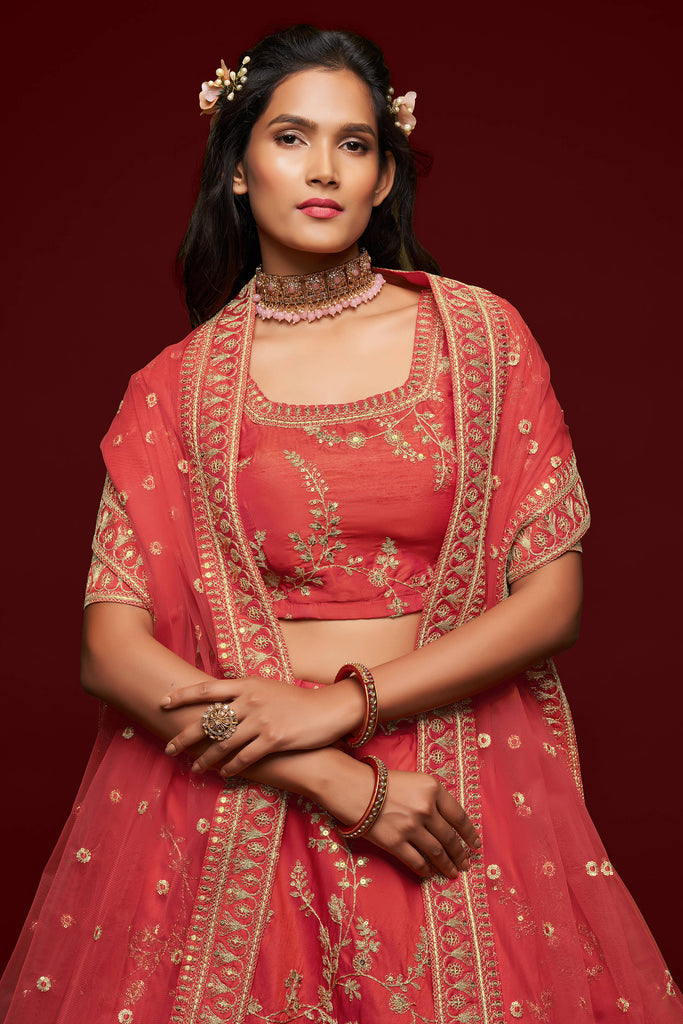 Red Embroidered Silk Wedding Wear Lehenga Choli