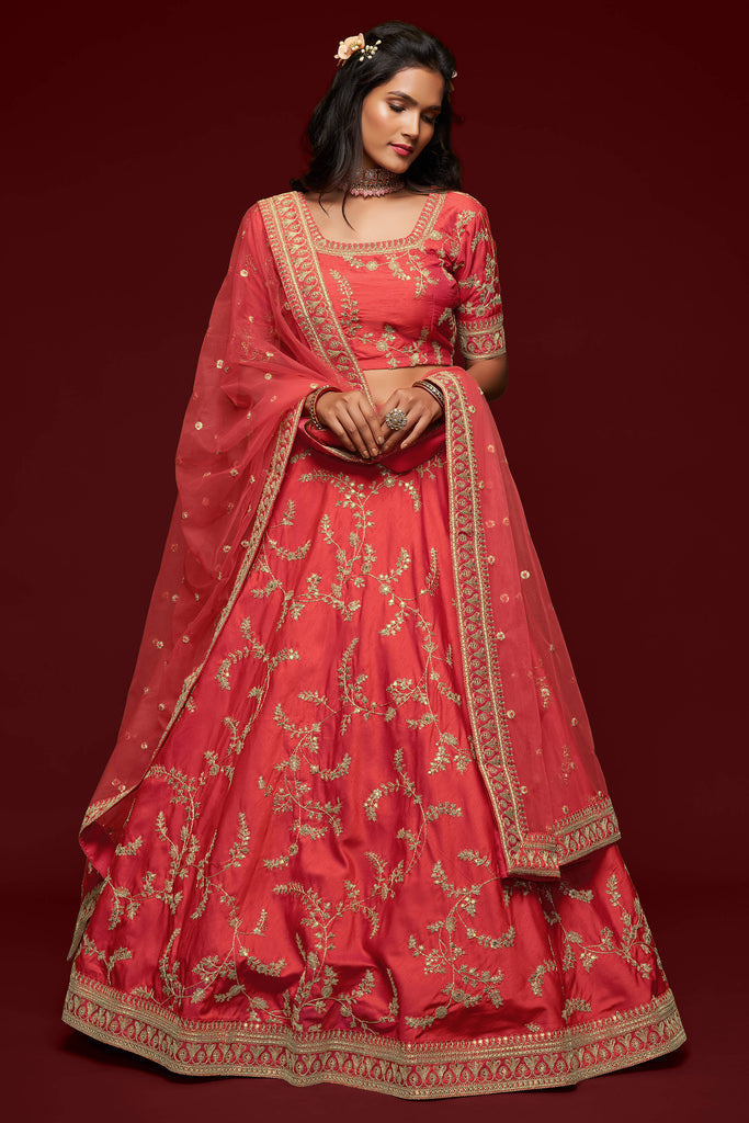 Red Embroidered Silk Wedding Wear Lehenga Choli