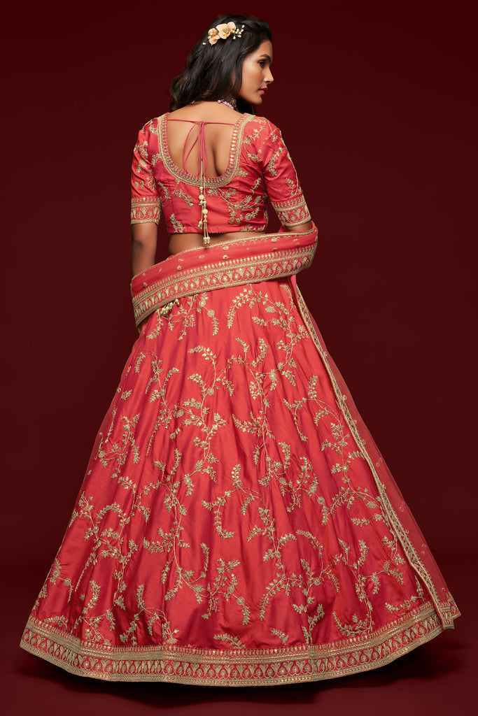 Red Embroidered Silk Wedding Wear Lehenga Choli