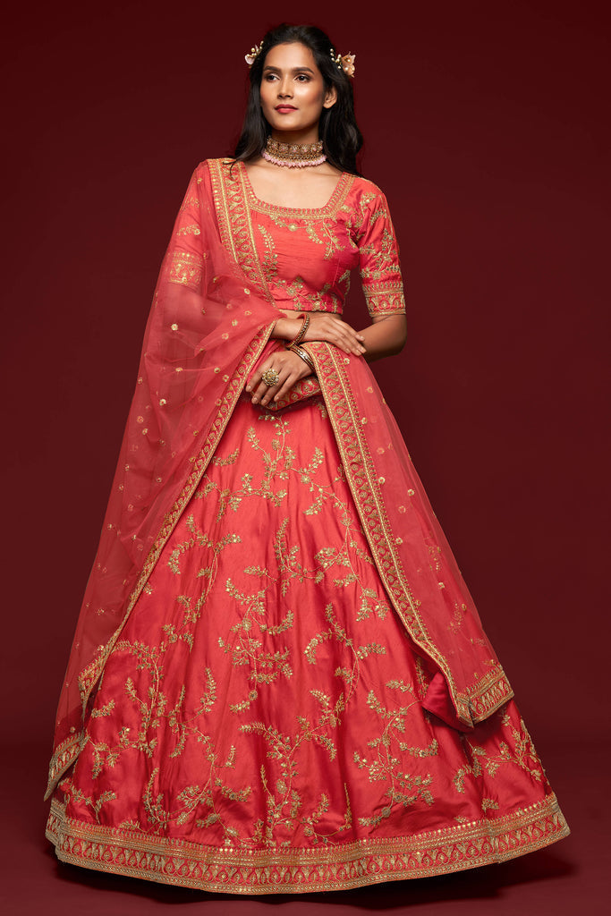 Red Embroidered Silk Wedding Wear Lehenga Choli