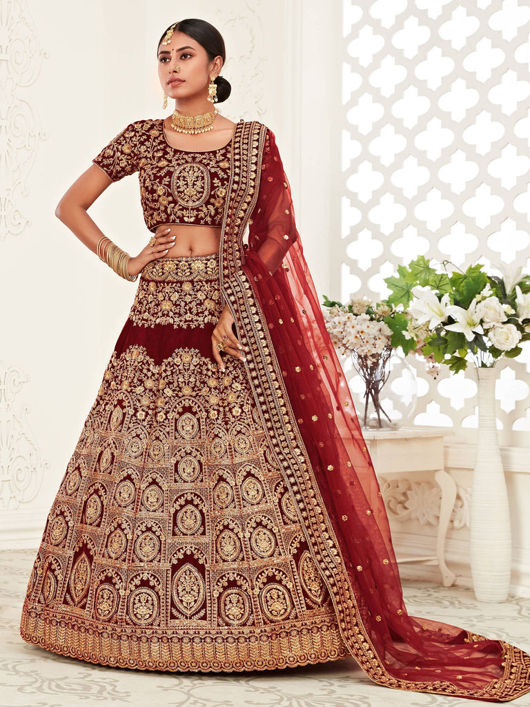 Red Sequins Velvet Bridal Lehenga Choli With Dupatta