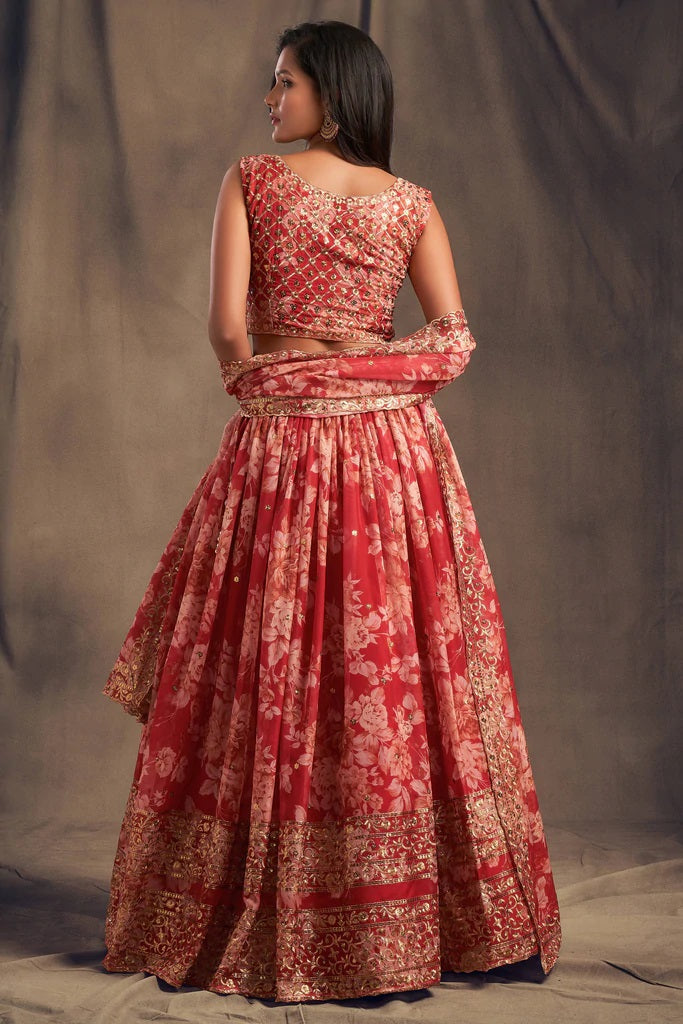 Red Zari Embroidery Organza Occasional Wear Lehenga